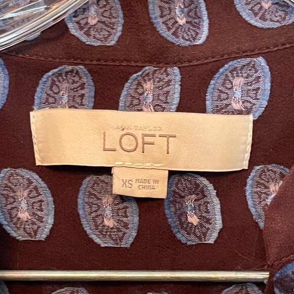 LOFT Women 100% Silk Retro Popover Long Sleeve Polka Dot Sheer Top XS Brown - Picture 6 of 10